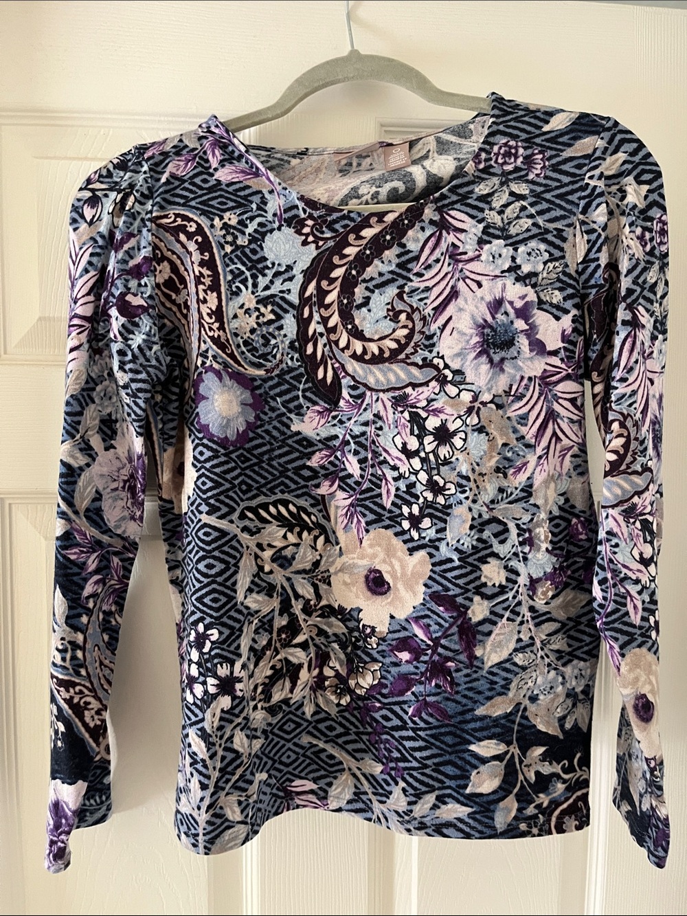 Chico's Lavender and Navy Paisley Floral Long-Sleeve Tee